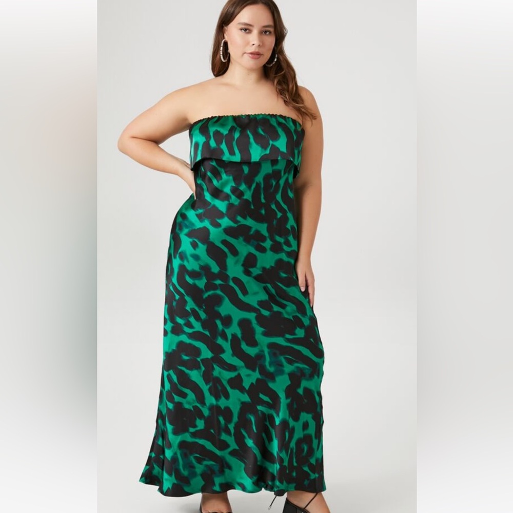 Forever 21 green satin leopard tub dress size xl nwt